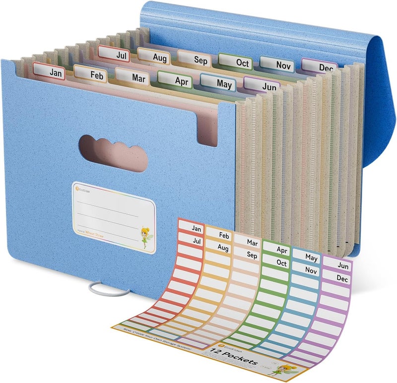 EcoStash Accordion File Organizer, 12 Pockets Wheat Straw Expanding File Folder, Portable Monthly Paper Bill Tax Receipt Organizer, Letter A4 Size Document Holder，Green Office with Colorful Tab，UN Blue - Image 1